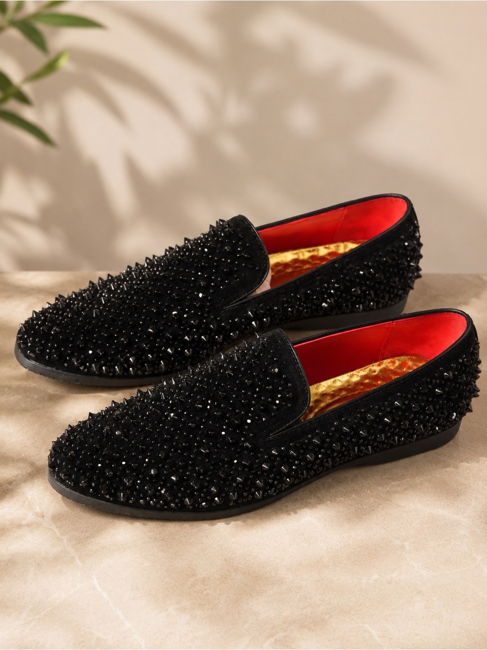 Men's Black Studded Velvet Loafers with Red Lining